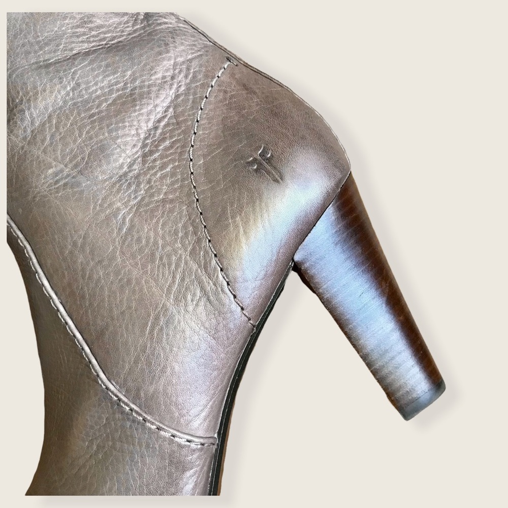 Frye Marissa Zip Short Grey/Taupe Leather Almond Toe Wood Heeled Ankle Booties - Picture 11 of 15